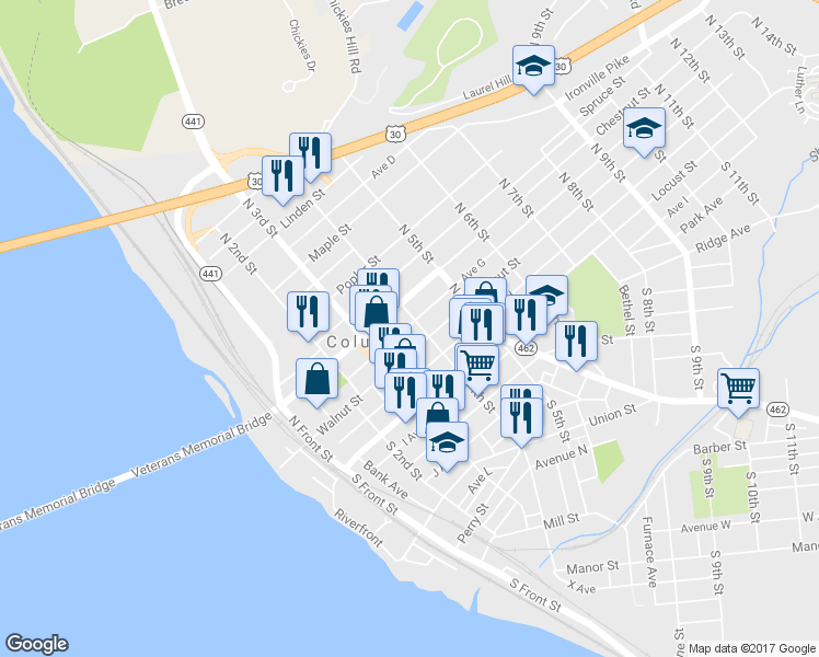 map of restaurants, bars, coffee shops, grocery stores, and more near 122 North 4th Street in Columbia