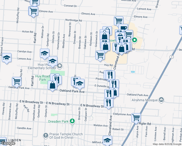 map of restaurants, bars, coffee shops, grocery stores, and more near 1703 Audrey Road in Columbus