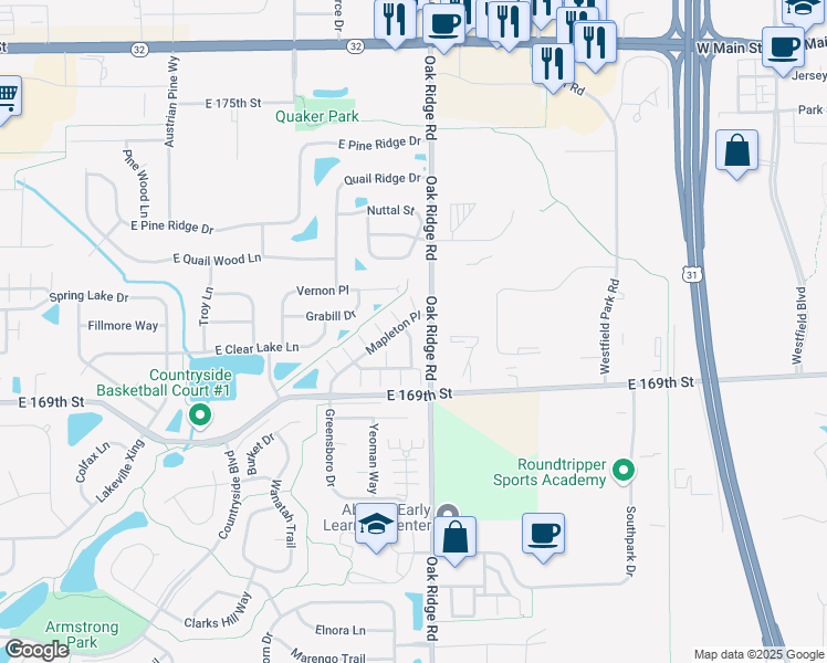 map of restaurants, bars, coffee shops, grocery stores, and more near 17005 Fulton Place in Westfield