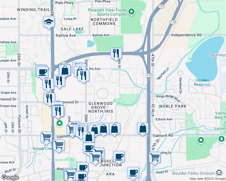 map of restaurants, bars, coffee shops, grocery stores, and more near 3250 O'Neal Circle in Boulder