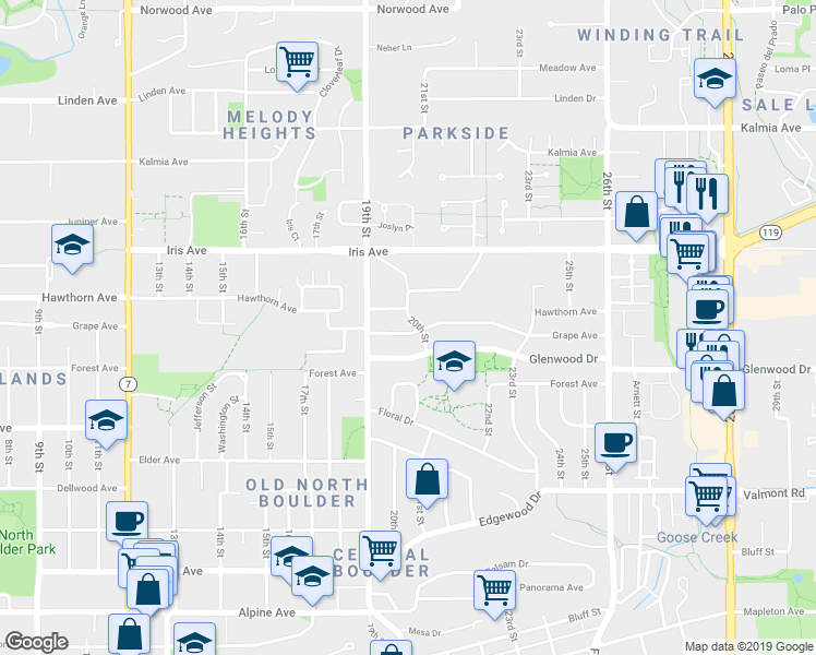 map of restaurants, bars, coffee shops, grocery stores, and more near 1955 Glenwood Drive in Boulder
