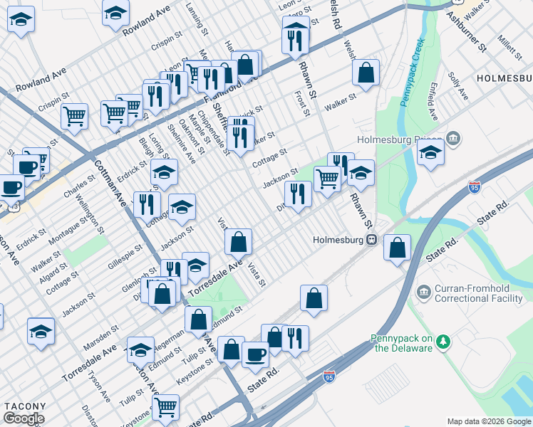 map of restaurants, bars, coffee shops, grocery stores, and more near 4615 Marple Street in Philadelphia