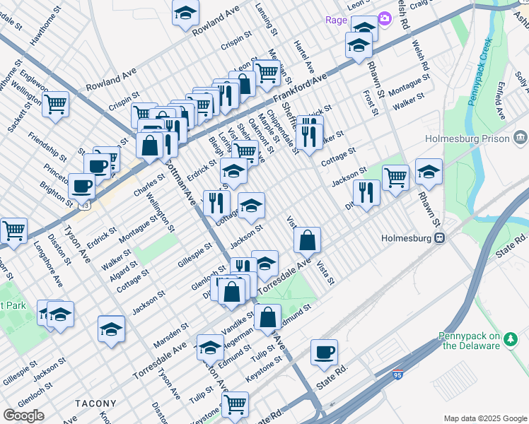 map of restaurants, bars, coffee shops, grocery stores, and more near 4425 Bleigh Avenue in Philadelphia