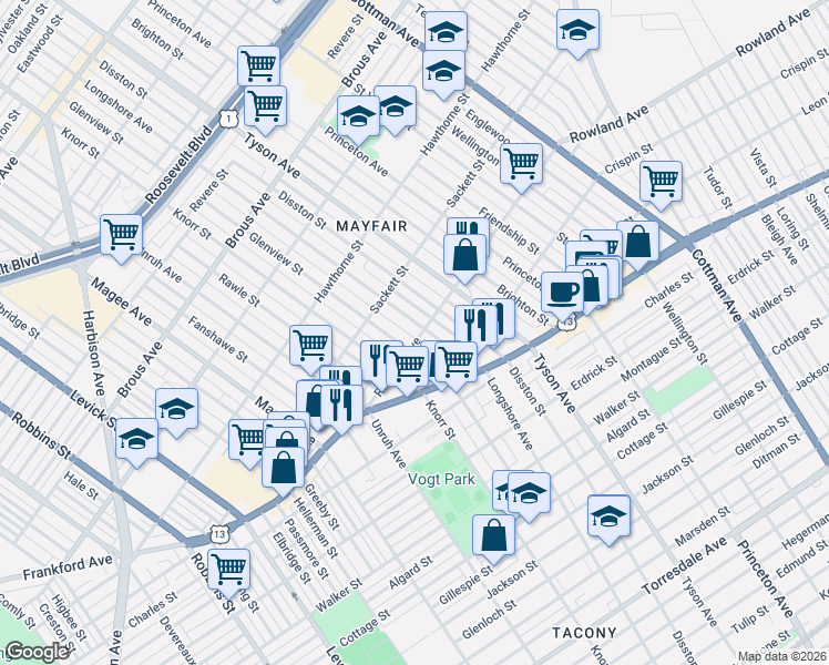 map of restaurants, bars, coffee shops, grocery stores, and more near 3311 Glenview Street in Philadelphia