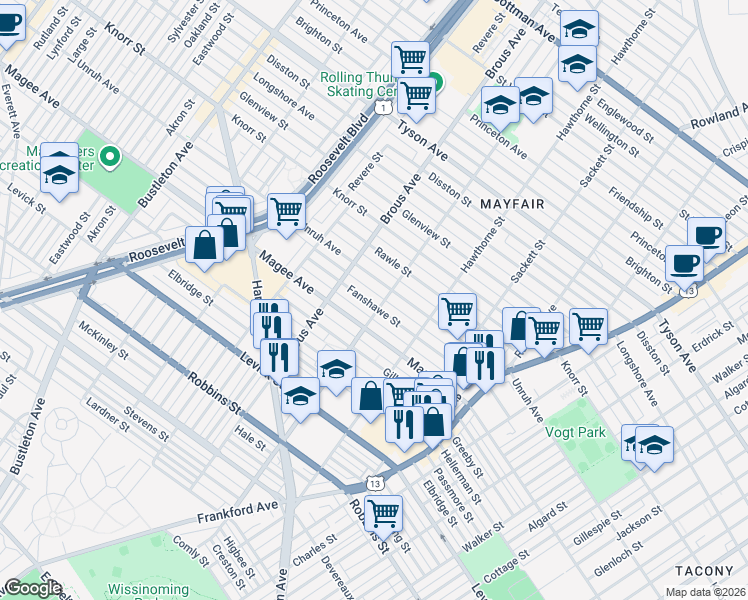 map of restaurants, bars, coffee shops, grocery stores, and more near 3008 Fanshawe Street in Philadelphia