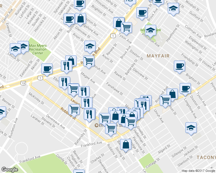 map of restaurants, bars, coffee shops, grocery stores, and more near 2930 Magee Avenue in Philadelphia