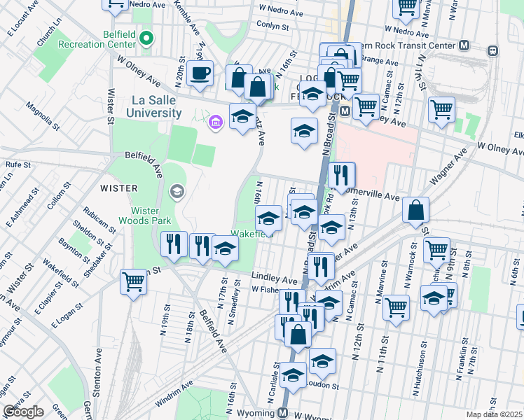 map of restaurants, bars, coffee shops, grocery stores, and more near 5303 North 16th Street in Philadelphia