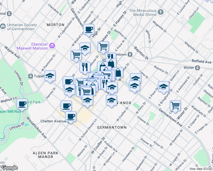 map of restaurants, bars, coffee shops, grocery stores, and more near 51 Maplewood Avenue in Philadelphia