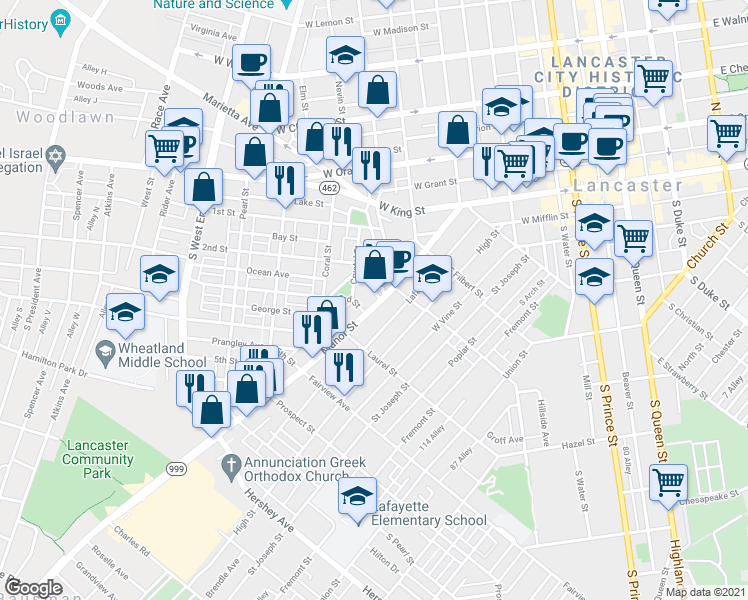 map of restaurants, bars, coffee shops, grocery stores, and more near 655 Manor Street in Lancaster