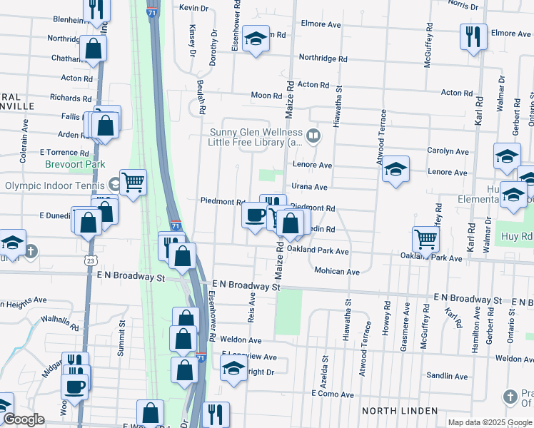 map of restaurants, bars, coffee shops, grocery stores, and more near 3371 Maize Road in Columbus