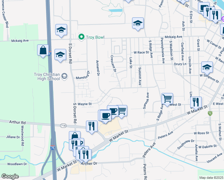 map of restaurants, bars, coffee shops, grocery stores, and more near 1306 Paul Revere Way in Troy
