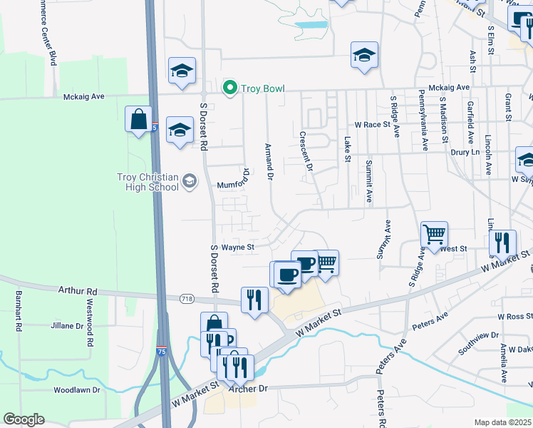 map of restaurants, bars, coffee shops, grocery stores, and more near 1510 Hawk Circle in Troy