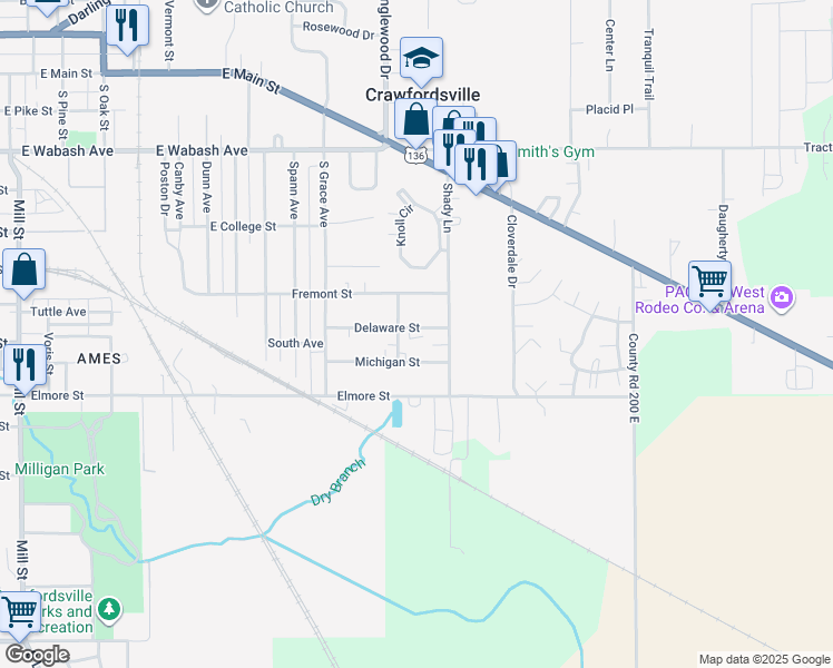 map of restaurants, bars, coffee shops, grocery stores, and more near 1912 Michigan Street in Crawfordsville