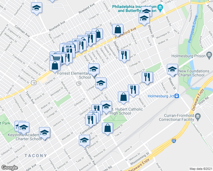 map of restaurants, bars, coffee shops, grocery stores, and more near 4425 Bleigh Avenue in Philadelphia