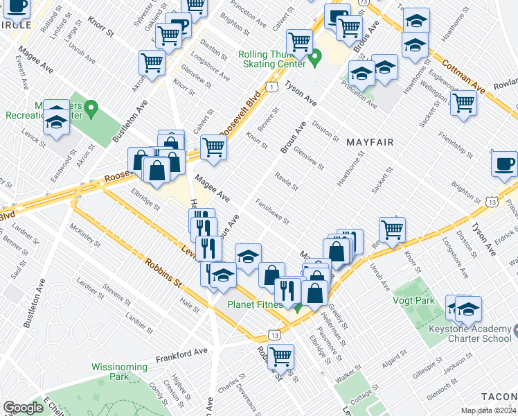 map of restaurants, bars, coffee shops, grocery stores, and more near 2922 Fanshawe Street in Philadelphia