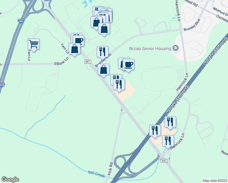 map of restaurants, bars, coffee shops, grocery stores, and more near 2703 Burlington - Mount Holly Road in Westampton Township