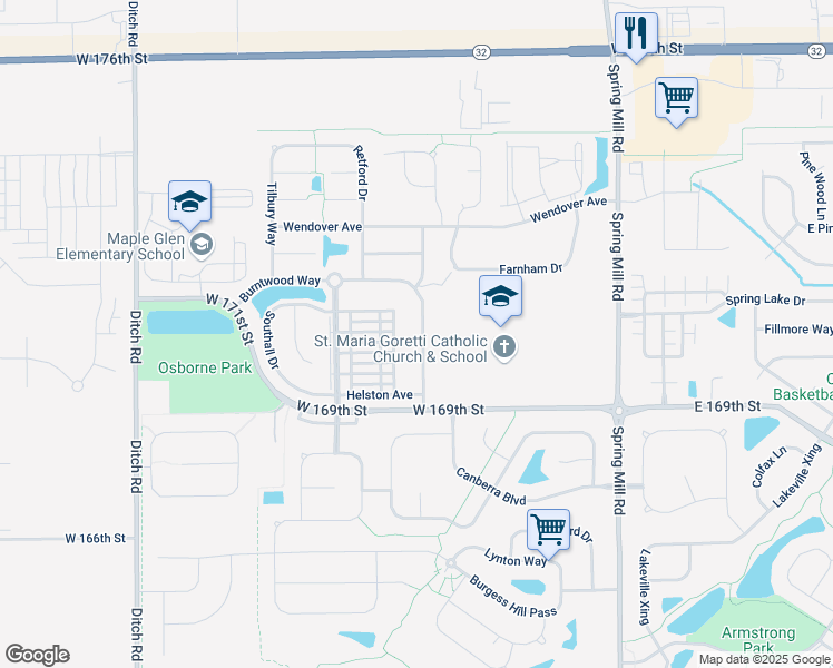 map of restaurants, bars, coffee shops, grocery stores, and more near 17052 South Burntwood Way in Westfield