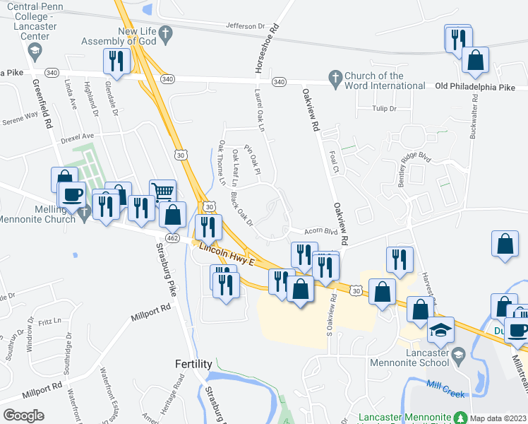 map of restaurants, bars, coffee shops, grocery stores, and more near 232 Black Oak Drive in Lancaster