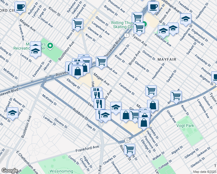 map of restaurants, bars, coffee shops, grocery stores, and more near 2836 Magee Avenue in Philadelphia