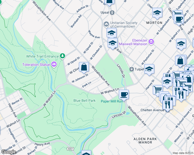 map of restaurants, bars, coffee shops, grocery stores, and more near 618 Park Lane in Philadelphia