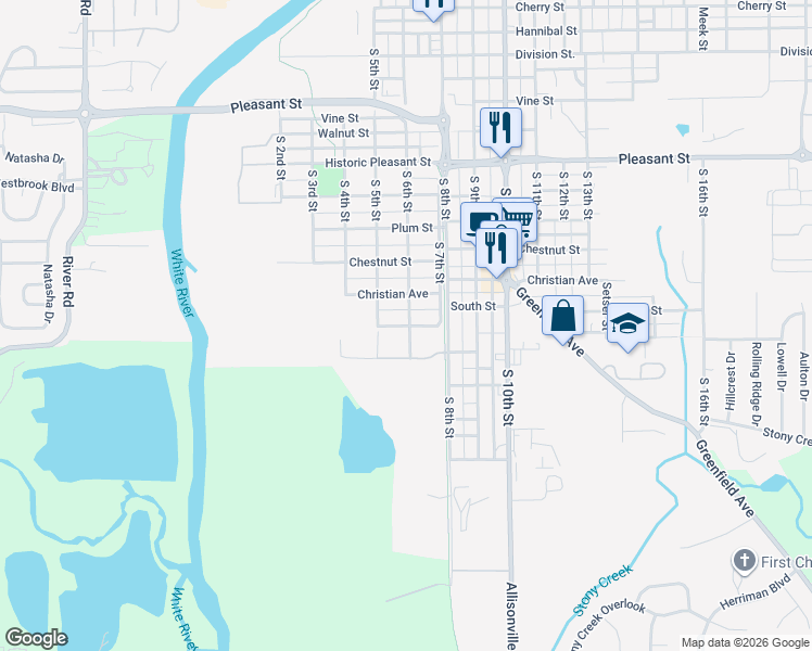 map of restaurants, bars, coffee shops, grocery stores, and more near Noblesville Common Drive in Noblesville
