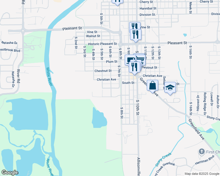 map of restaurants, bars, coffee shops, grocery stores, and more near Noblesville Common Drive in Noblesville