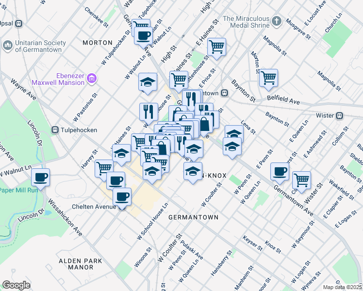 map of restaurants, bars, coffee shops, grocery stores, and more near 36 W Chelten Ave in Philadelphia