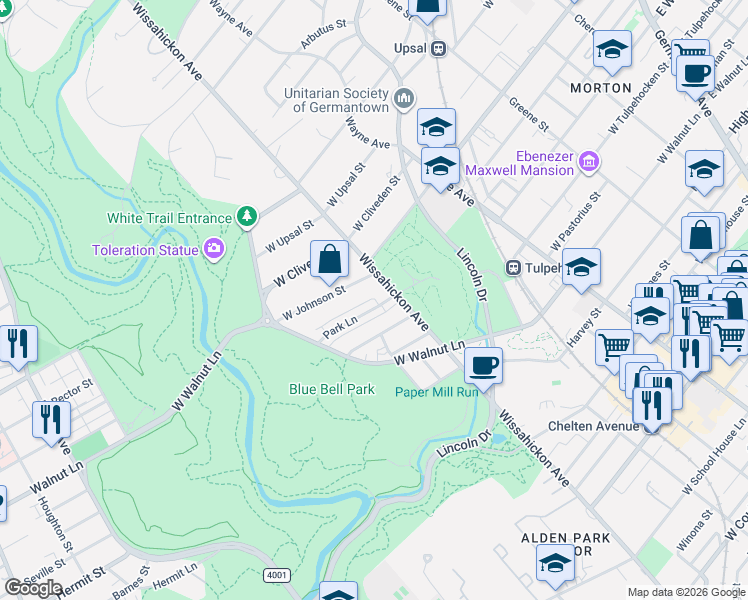 map of restaurants, bars, coffee shops, grocery stores, and more near 637 Park Lane in Philadelphia