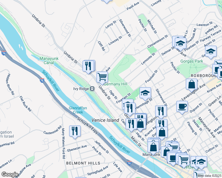 map of restaurants, bars, coffee shops, grocery stores, and more near 4861 Ogle Street in Philadelphia