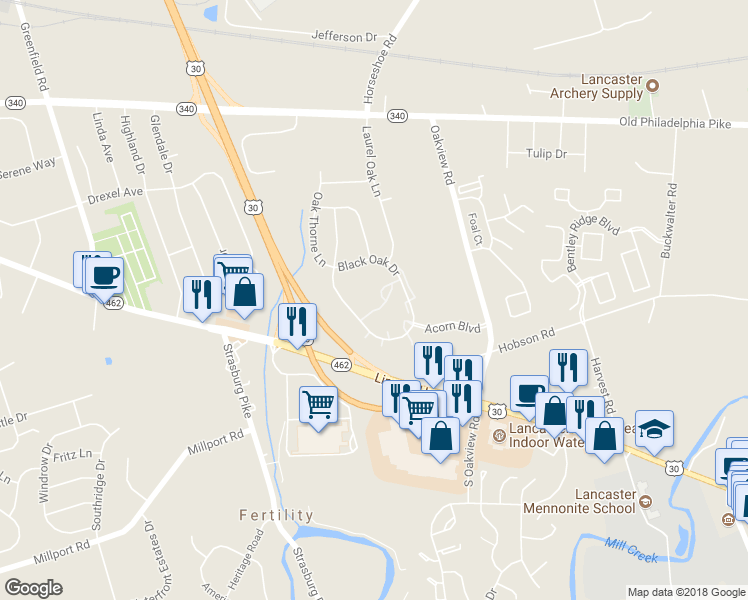 map of restaurants, bars, coffee shops, grocery stores, and more near 234 Black Oak Drive in Lancaster