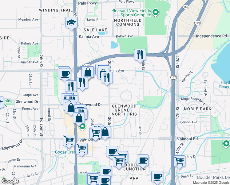 map of restaurants, bars, coffee shops, grocery stores, and more near 3035 Oneal Parkway in Boulder