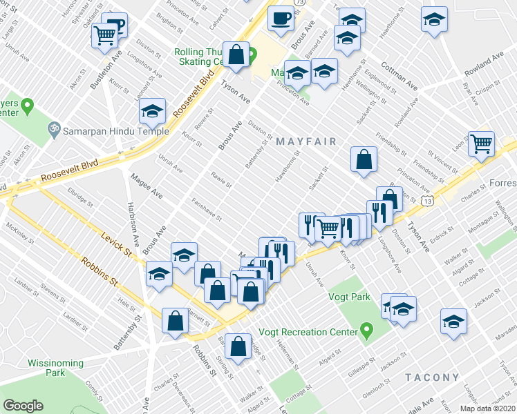 map of restaurants, bars, coffee shops, grocery stores, and more near 6726 Hawthorne Street in Philadelphia