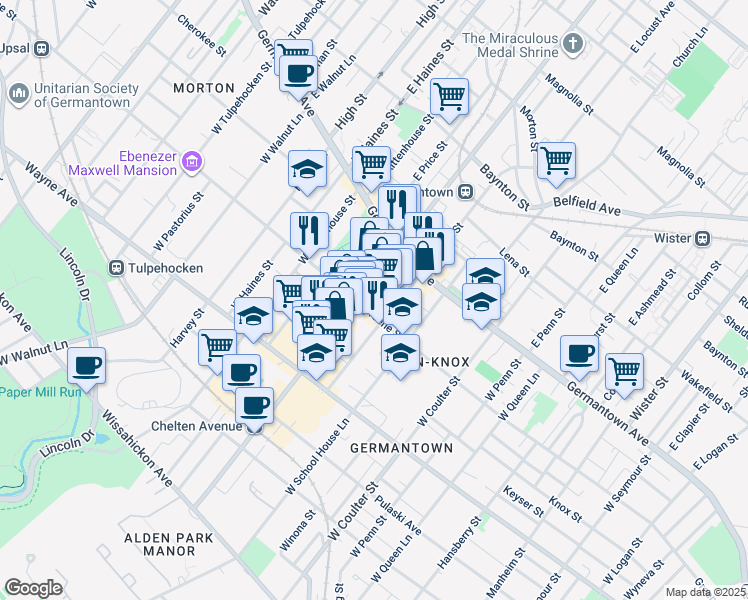 map of restaurants, bars, coffee shops, grocery stores, and more near 30 Maplewood Mall in Philadelphia