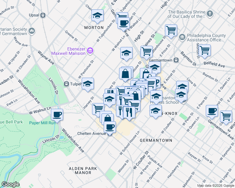 map of restaurants, bars, coffee shops, grocery stores, and more near 171 West Price Street in Philadelphia