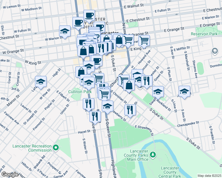 map of restaurants, bars, coffee shops, grocery stores, and more near 437 Church Street in Lancaster