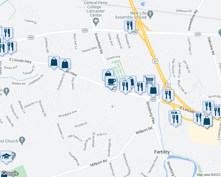 map of restaurants, bars, coffee shops, grocery stores, and more near 1884 Lincoln Highway East in Lancaster