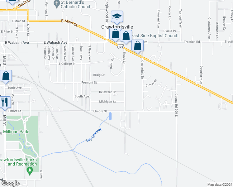 map of restaurants, bars, coffee shops, grocery stores, and more near 1909 Delaware Street in Crawfordsville