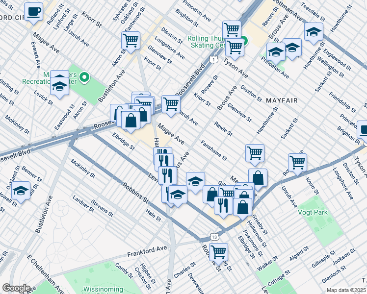 map of restaurants, bars, coffee shops, grocery stores, and more near 2836 Magee Avenue in Philadelphia
