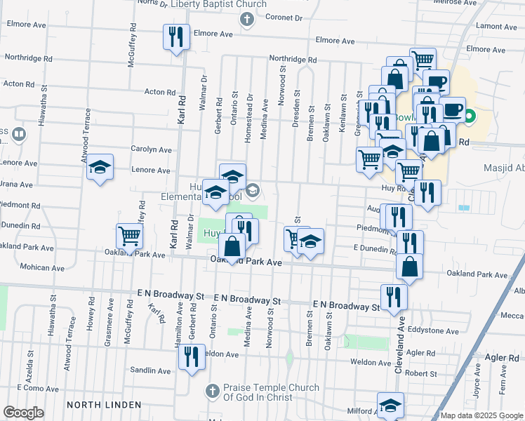 map of restaurants, bars, coffee shops, grocery stores, and more near 1545 Huy Road in Columbus