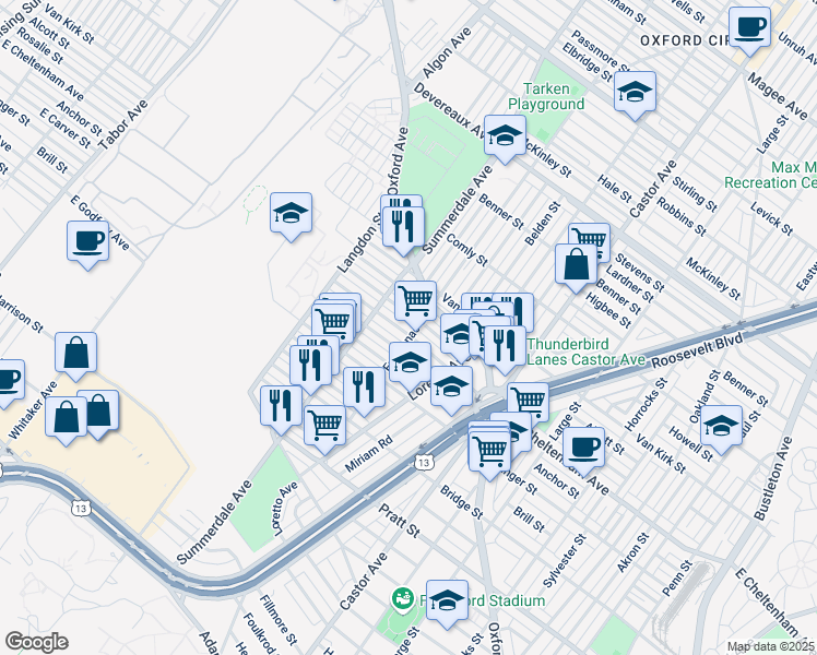 map of restaurants, bars, coffee shops, grocery stores, and more near 1137 East Cheltenham Avenue in Philadelphia