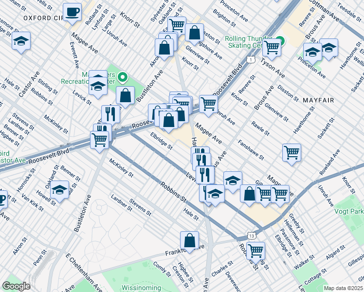 map of restaurants, bars, coffee shops, grocery stores, and more near 2714 Hellerman Street in Philadelphia