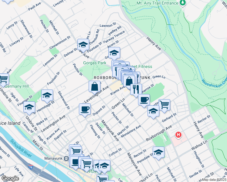 map of restaurants, bars, coffee shops, grocery stores, and more near 444 Krams Avenue in Philadelphia
