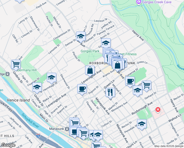 map of restaurants, bars, coffee shops, grocery stores, and more near 4550 Pechin Street in Philadelphia