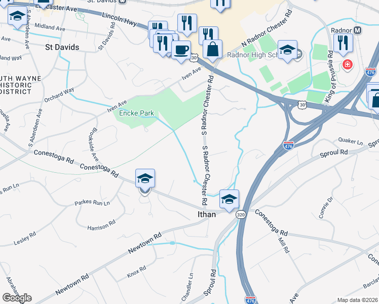 map of restaurants, bars, coffee shops, grocery stores, and more near 244 South Radnor Chester Road in Villanova