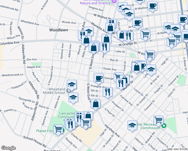 map of restaurants, bars, coffee shops, grocery stores, and more near 825 4th Street in Lancaster