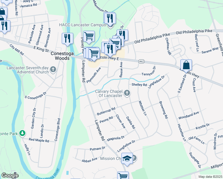 map of restaurants, bars, coffee shops, grocery stores, and more near 123 Frances Avenue in Lancaster