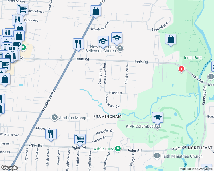 map of restaurants, bars, coffee shops, grocery stores, and more near 2470 Niantic Drive in Columbus