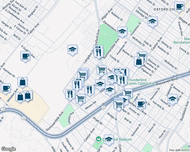 map of restaurants, bars, coffee shops, grocery stores, and more near 1120 East Cheltenham Avenue in Philadelphia