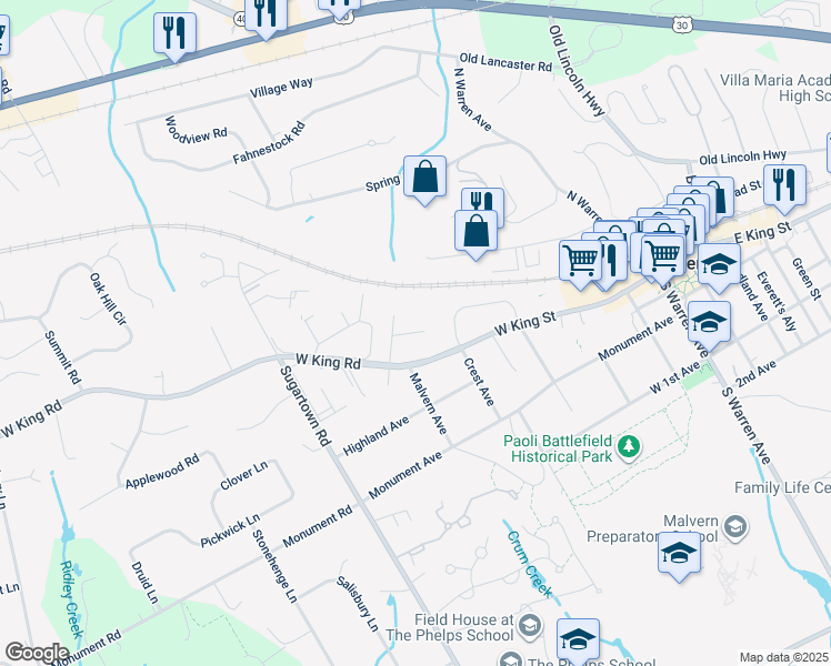 map of restaurants, bars, coffee shops, grocery stores, and more near 202 Jennings Ln in Malvern