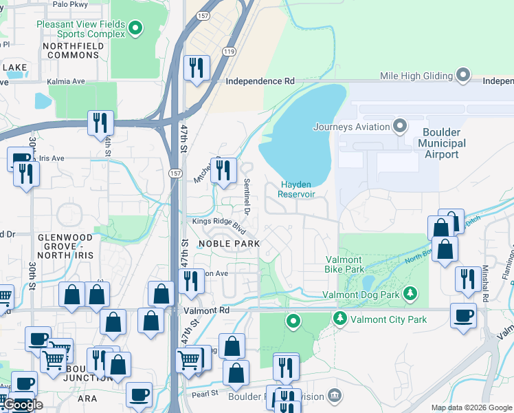 map of restaurants, bars, coffee shops, grocery stores, and more near 3284 Sentinel Drive in Boulder